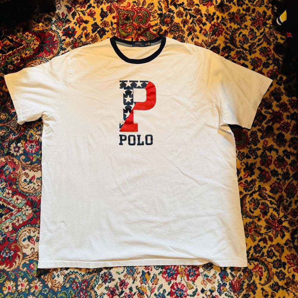 Polo Ralph Lauren 3XLT Big & Tall Patriotic USA Flag P Logo Ringer T-Shirt White